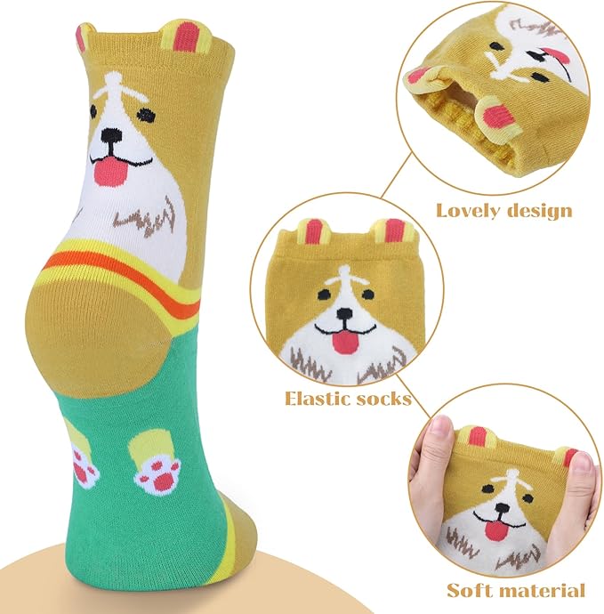 YSense 5 Pairs Cute Animal Socks for Women, Novelty Fun Crew Cotton Cat Dog Socks Stocking Stuffers Gifts for Women