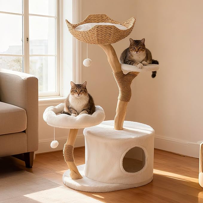 COSIEST 42.5" Tall Modern Cat Tree Tower for Indoor Cats, Cat Scratching Posts with Hand Woven Baskets, Balls & MGO Trunks, Rattan Cat Tree with Condo, Cat Furniture for Multi-Cat Households, White