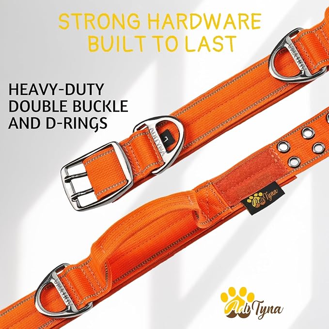 ADITYNA Heavy Duty Dog Collar for Medium Dogs - Reflective Orange Collar with Handle for Training, and Walking - Wide, Thick, Tactical, Soft Neoprene Padded