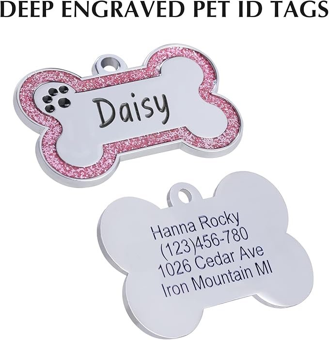 Personalized Dog Tags - Stainless Steel Deep Engraved Glitter Bone Shape Pet ID Tag, Double Sided Custom Text, Lightweight Durable Cat Dog Name Tag (Pink, S)