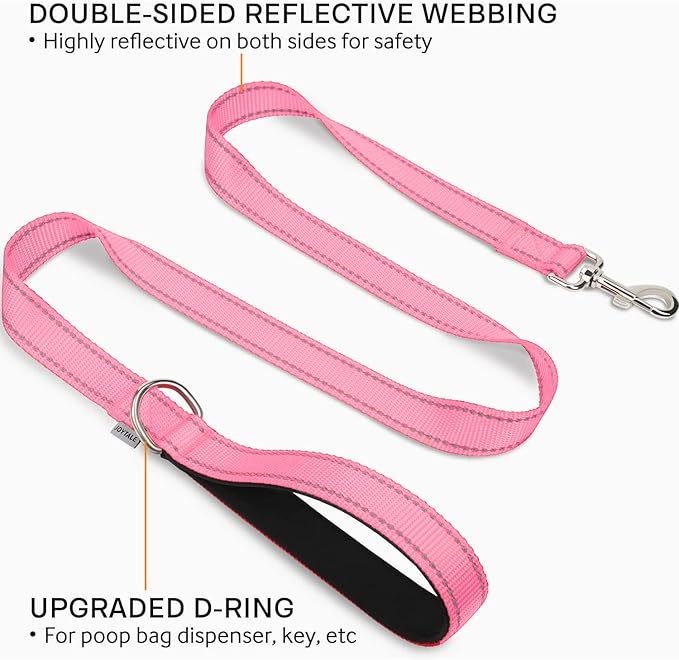 Joytale Double-Sided Reflective Dog Leash, 6 FT/5 FT/4 FT, Padded Handle Nylon Heavy Duty Leashes for Small & Medium Dogs Walking, Pink, 6FT
