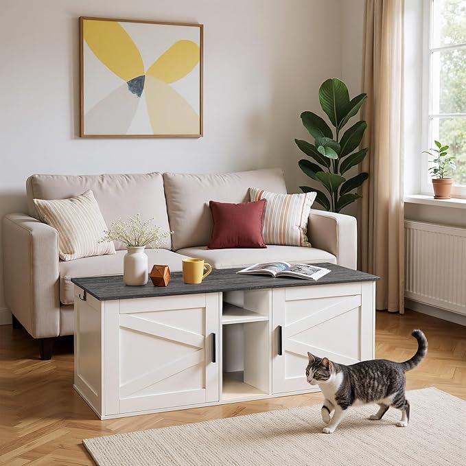 HOOBRO Double Litter Box Enclosure, Modern Cat Litter Box Furniture with Storage and Mat Design, Farmhouse Hidden Litter Box Enclosure with 2 Hooks, White and Charcoal Gray BW23MW01