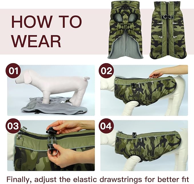 Medium Dog Coat - Warm Zip Up Snowsuit Dog Harness Vest, Reflective Water-Resistant Dog Jacket for Medium Dogs - Camouflage