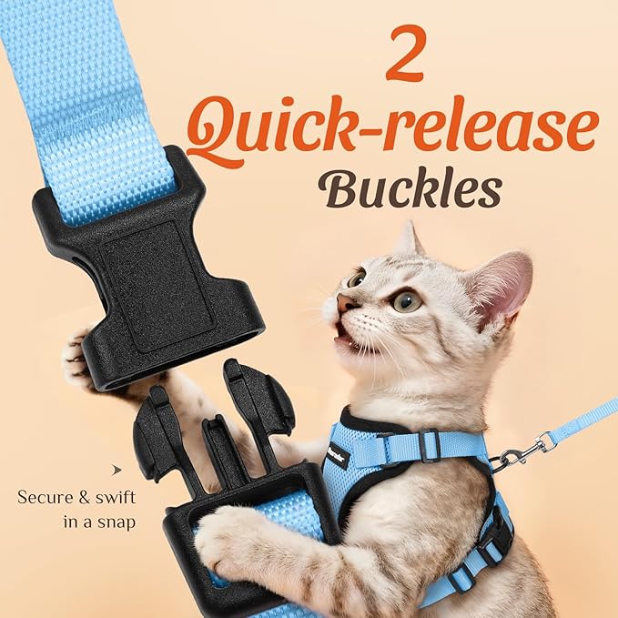 Dooradar Cat Harness and Leash Set, Escape Proof Safe Adjustable Kitten Vest Harnesses for Walking, Easy Control Soft Breathable Mesh Jacket with Reflective Strips for Cats,Light Blue, XS