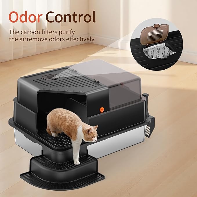 XXXL Stainless Steel Litter Box, 28"x20"x18" Extra Large Fully Enclosed High Sided Metal Cat Litter Box with Filtered Grid, Step, Scoop, Non-Sticky, Non-Odor, Easy Cleaning (Black)