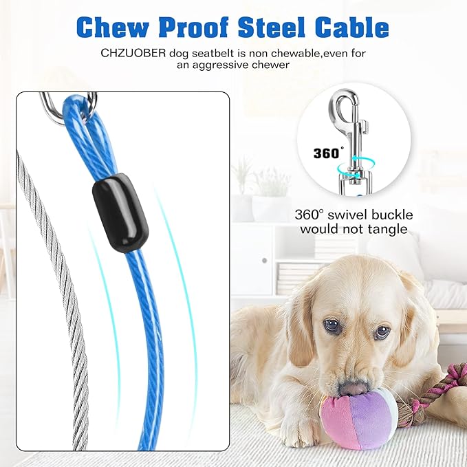 Chew Proof Dog Car Seat Belt, 2 in 1 Steel Cable Dog Car Accessories Headrest Restraint Doggie Car Seatbelt for Medium Large Dogs Chewer Heavy Duty Doggie Seatbelts for Cars Swivel Attach