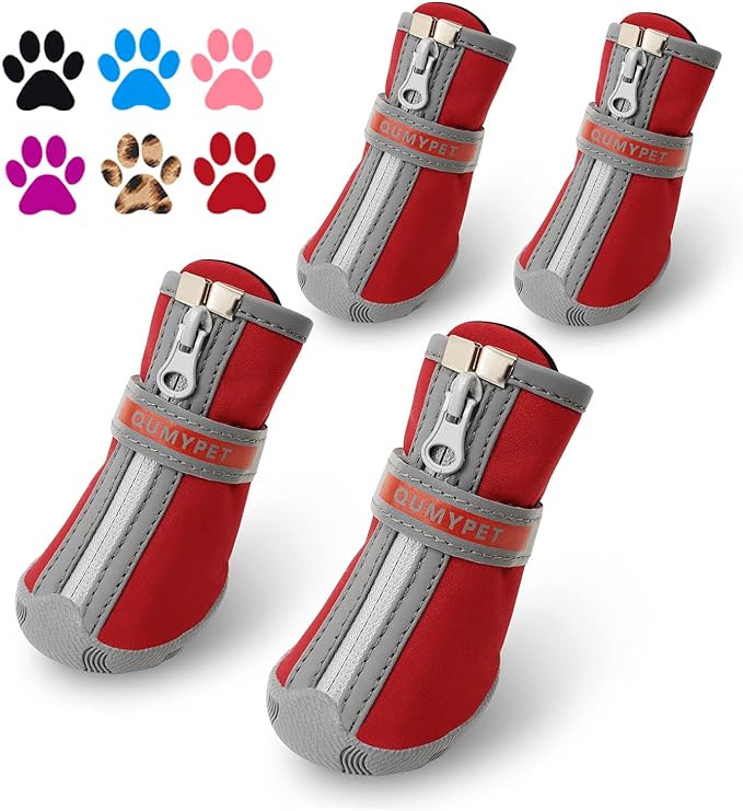 QUMY Dog Shoes for Small Dog, Puppy Dog Boots & Paw Protectors for Winter, Summer Hot Pavement, Waterproof in Rainy Weather, Ourdoor Walking, Indoor Hardfloors Skid-Resistant Soles Red Size 4