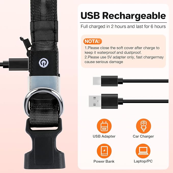 Fiveda Light Up Dog Collar, USB Rechargeable 6 Modes, Waterproof Charging Port, Long Lasting LED Collar - Adjustable Nylon Reflective for Dogs, Sizes S/M/L (7/9/11 Lights) - Black, L