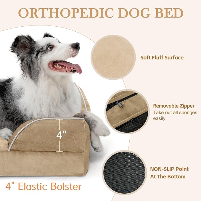 Comfort Expression Orthopedic Dog Bed for Large Dogs 38x25 Inch, Waterproof Egg Crate Foam Large Pet Bed with Removable Bolsters, Dog Couch with Washable Cover & Non-Slip Bottom, Light Brown