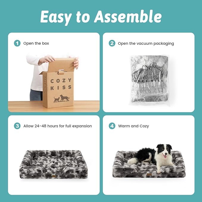 Orthopedic Dog Bed for Large Size Dog, Soft Warm Faux Fur Extra Large Sofa for Pet Up to 100 lbs, Foam Bolster Anti-Slip Couch with Washable Removable Cover, XL 44x32x7 inch, Tie Dye Grey
