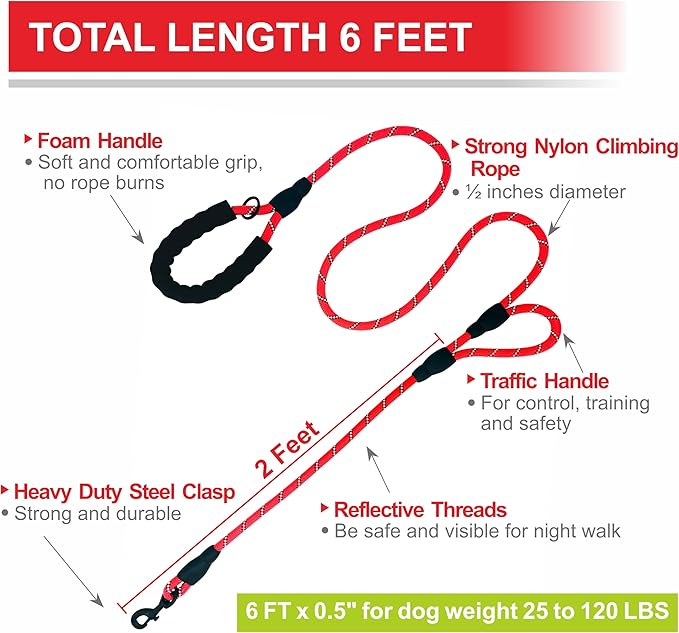Dog Leash Heavy Duty 6ft, Double Handle Dog Leash with Padded Handle for Traffic Control, Reflective Rope Leashes for Large and Medium Dogs Night Control Safety Training (Red)