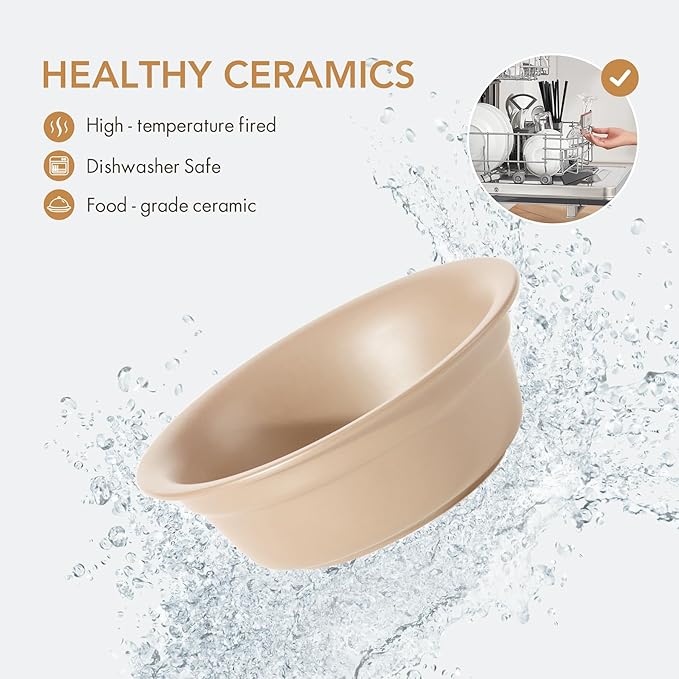 Ceramic 6.3inch Set of 2 Dog Bowls, 2pcs Basic 1.5 Cup Food or 15 oz Water Dishes for Small Dogs, Wide Opening Rounded Edge (2 Bowls, Oat Beige)
