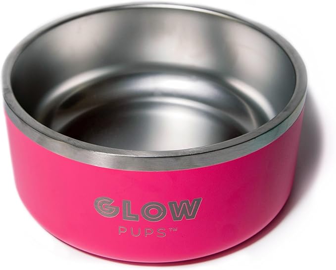 Glow Pups Bright Pink Dog Bowl for Small Dogs, 32 oz Non Slip Stainless Steel Pet Bowl, Vacuum Insulated Pet Bowl That Keeps Water Cool (32 oz, Bright Pink)