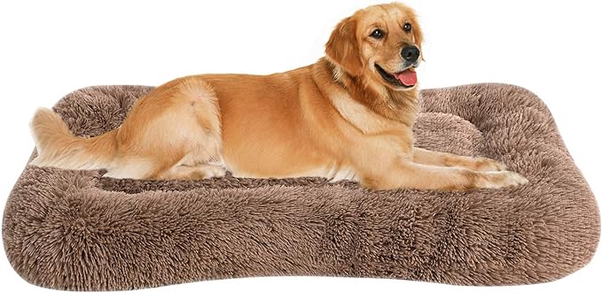 Coohom Deluxe Plush Bed Pet Cushion Crate Mat,Fulffy Comfy Kennel Anti-Slip Washable Pad for Medium Large X-Large Dogs(X-Large, Khaki)