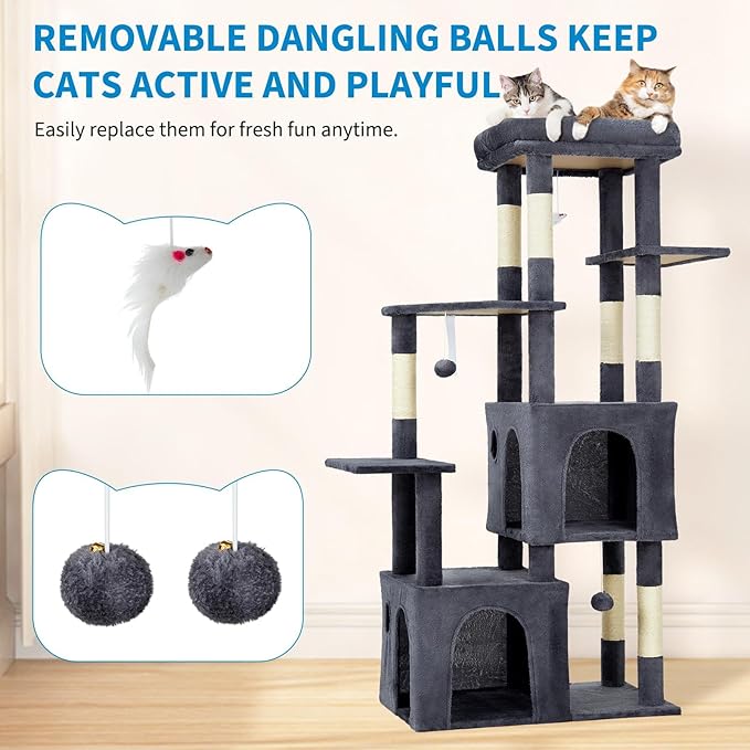 Cat Tree - 157cm Tall, Sisal Wrapped Scratching Post, Cat Nest, Hanging Ball, Extended Platform