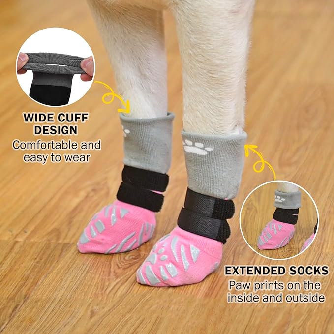 SCENEREAL Dog Socks to Prevent Licking Paws for Hot/Cold Pavement, Dog Boots & Paw Protectors for Small Medium Large Dogs, Senior Dog Grippy Socks Booties for Hardwood Floors Winter Outdoor, Pink L