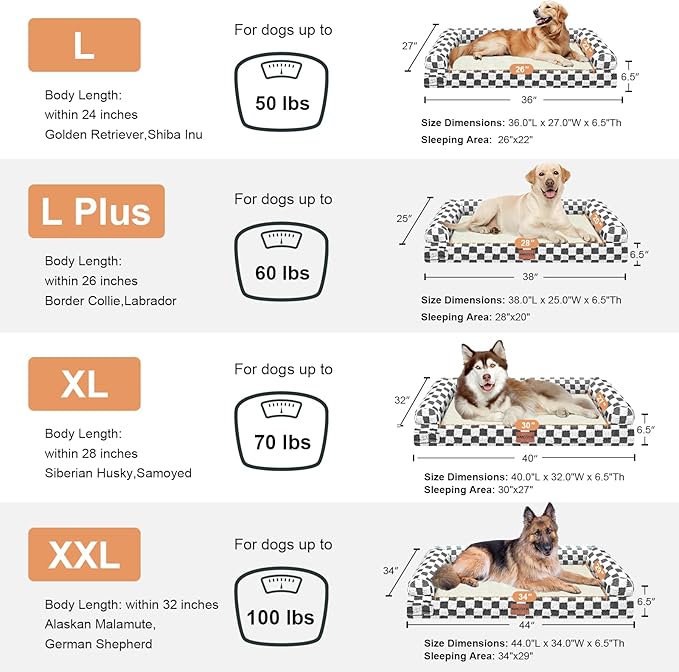 Large Dog Bed Orthopedic Washable: Beds Bolster XXL Bed Big XLarge Dogs Egg Crate Foam Sofa Couch Waterproof Removable Cover - Dark Grey Grid