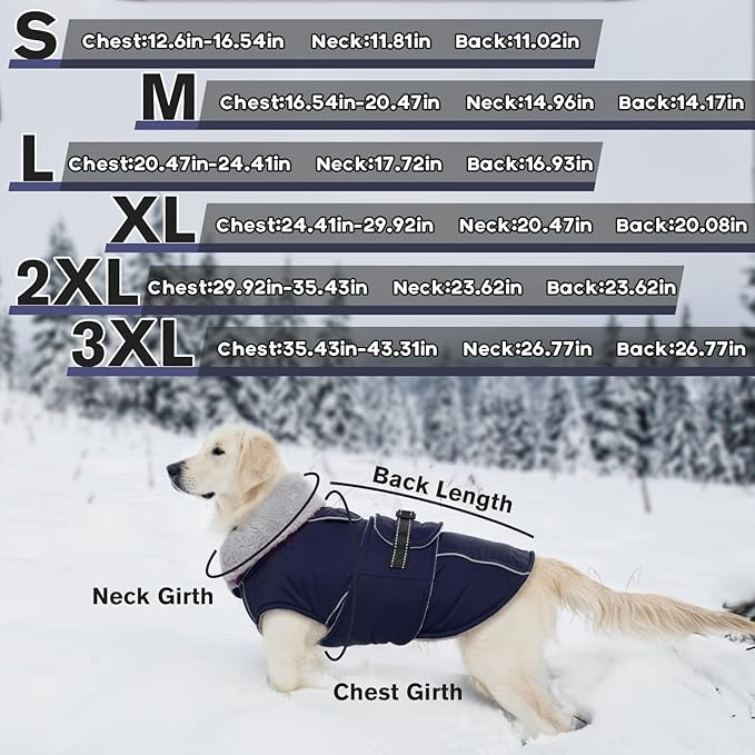 Lelepet Warm Dog Coat Waterproof Dog Jacket for Extra Large Dogs Reflective Fleece Vest with Adjustable Buckle Hook & Loop Windproof Cold Weather Coats for Small Medium Large Dogs, Navy Blue, XXXL