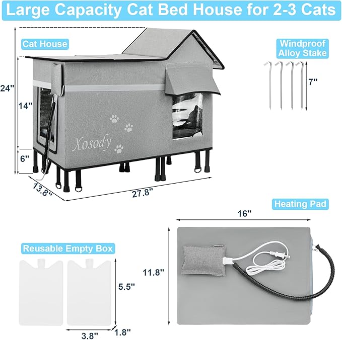 Heated Cat House for Outside Cats- 100% Weatherproof Insulated Outdoor Cat House with Heating Pad, Elevated Base & Safe Escape Door, Warm Kitty Shelter for Feral or Stray Cats in Winter