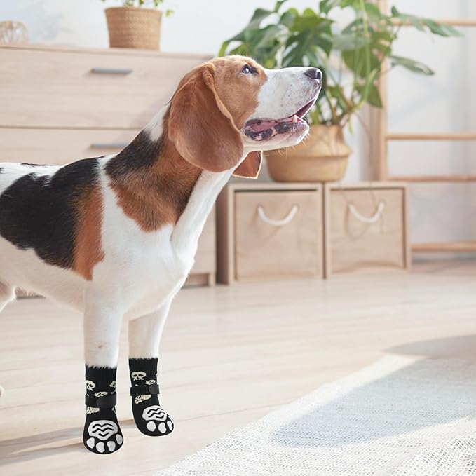 PUPTECK Anti Slip Dog Socks 2 Pairs with Double Grippers for Hardwood Floors, Shoes for Hot/Cold Pavement, Boots & Paws Protectors to Prevent Licking, Traction Booties for Senior Small Large Dogs