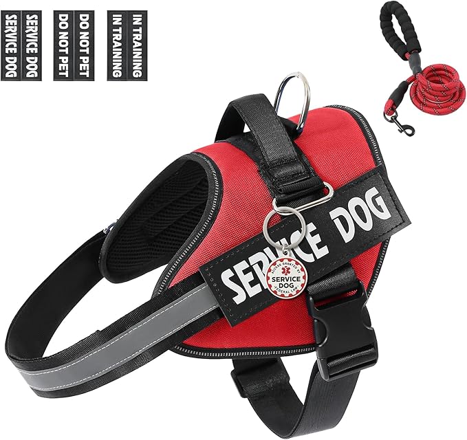 VOOPET Service Dog Vest Harness+ ID Tag and Leash Set+6 Patches,No Pull&Adjustable Reflective Dog Harness for Training,Suitable for Small Medium and Large Dogs.