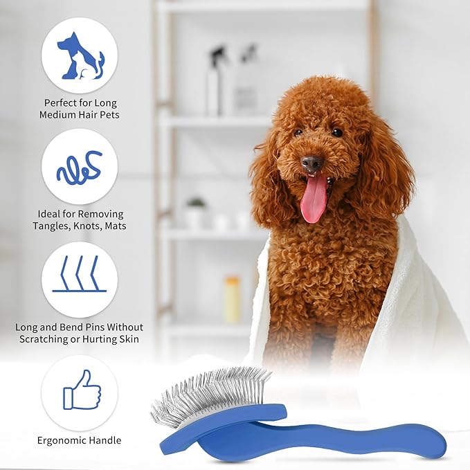Slicker Brush for Dogs & Cats, Large Dog Brush for Goldendoodles Poodles Doodles Bernedoodles, Long Pin Grooming Tools to Dematting & Reducing Tangles and Fluff, Blue
