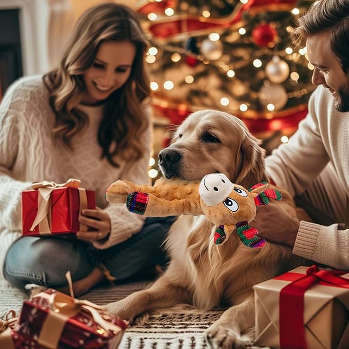 Dog Toys Squeaky Interactive Puppy Teething Chew Toy Deer Shape Stuffed PP Cotton Crinkle Sound Paper Tail, for Large Medium Small Breeds Indoor Outdoor Play，Christmas