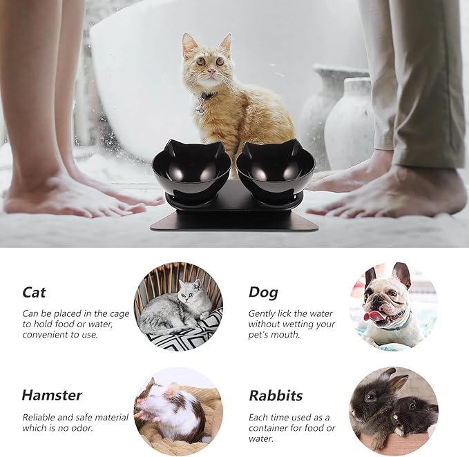 BESPORTBLE Double Raised Dog Feeder Bowl with 15° Neck Guard, Black Plastic Dual Pet Feeding Bowls for Cats and Dogs, Elevated Water and Food Dish for Home Use