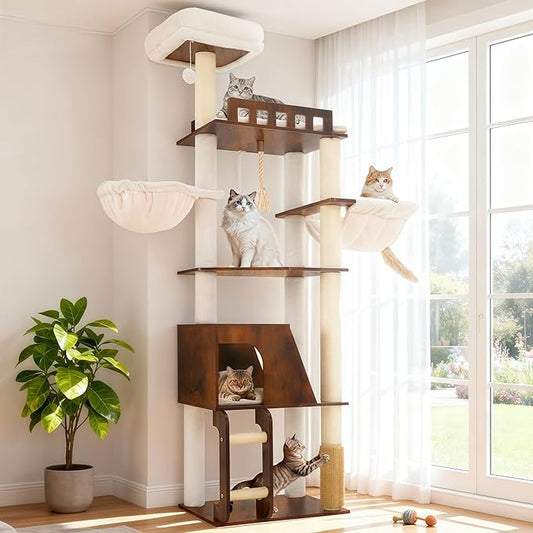 Hey-brother Wooden Cat Tree, 69.7 inch Cats Furniture Tower with Large Platforms, Hammocks, Spacious Condo, Full Sisal Scratching Posts, Ladder, Brush, Water Proof Surface, Rustic Brown MPJ120SR