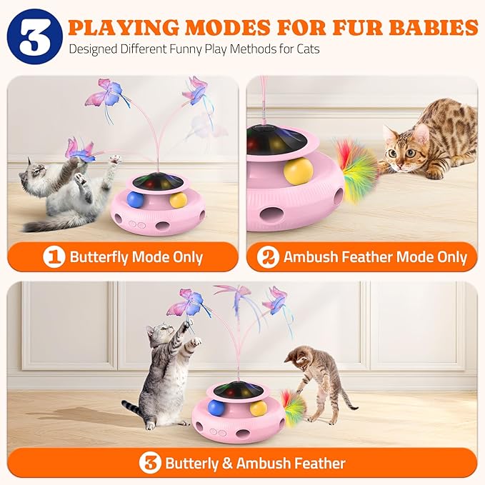 Pawtners Interactive Cat Toy 4 in 1 Automatic Cat Toy for Indoor Cats, Electric Kitten Toy with Rechargeable Battery, Self Play Kitty Toys with Fluttering Butterfly, Track Ball and Feather Pack, Pink