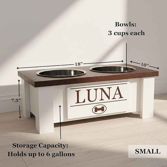 GTW Personalized Elevated Dog Bowl Stand for Large, Medium, Small, X-Small Dogs - Stainless Steel Food and Water Bowls - Raised Dog Dish with Internal Storage (Small, Black)