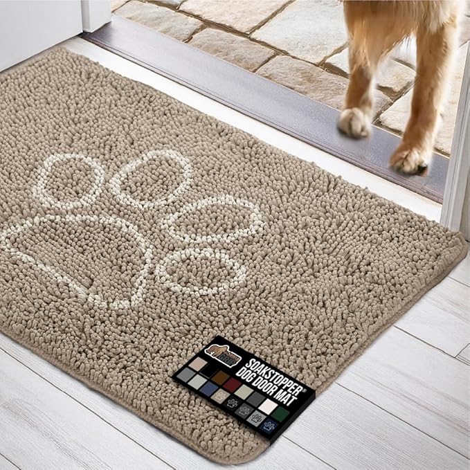 GORILLA GRIP SOAKSTOPPER Dog Door Mat, 30x20 Machine Washable Rug Absorbent Doormat Captures Moisture Mud Dirt, Quick Dry Soft Chenille Entryway Rugs Indoor Entrance Mats for Dog Paws, Beige Ivory