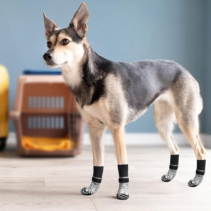 PUPTECK Anti Slip Dog Socks, Shoes with Grippers to Prevent Licking Hardwood Floors Traction, Rubber Boots & Paw Protectors for Small Medium Large Dogs Cold/Hot Pavement, Senior Dogs Booties Grey