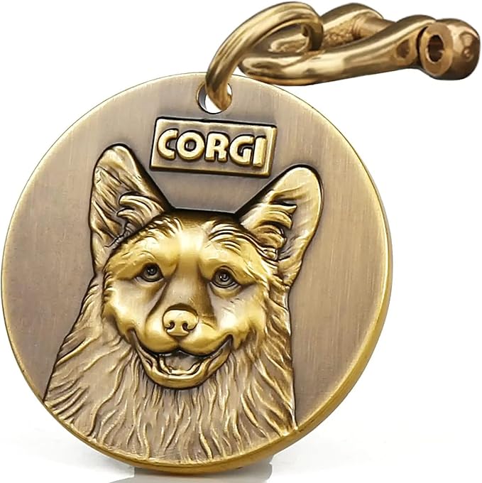 Vintage Pure Copper Pet ID Tags, Personalized Dog Tags, Three-Dimensional Relief Pet Pattern, Lettering on The Front and Back, Custom Pet Tags (C10-Welsh Corgi)