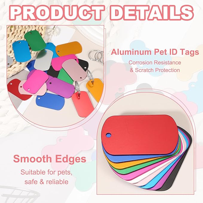 Pet ID Tags, Personalized Dog Cat Tag Stainless Steel Aluminum Rectangle Engraved Blank with Key Ring 50 x 29mm (Multicolor, 50 Pcs), Intended for Dog/Cat/Name/Pendant Crafts