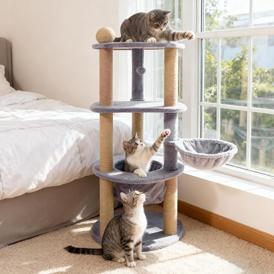 PETSITE Multi-Level Cat Tree, 47 Inches Tall with Jute Scratching Posts, Nest, Rotatable Cat Basket, Dangling Ball, and Top Scratching Ball, Ideal for Indoor Cats to Play and Rest