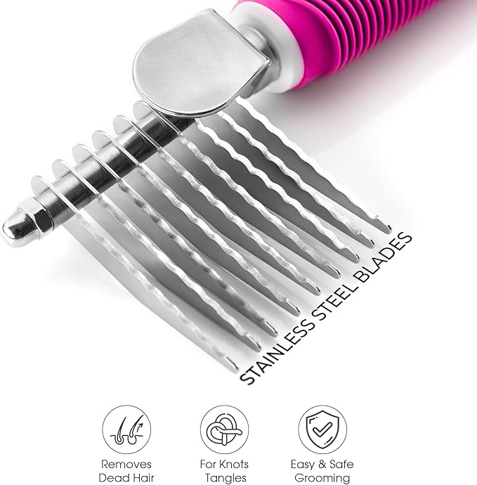Poodle Pet Bundle - Dematting Fur Rake Comb Brush Tool with Steel Safety Blades and Detangling Pet Comb with Long + Short Stainless Steel Teeth for Detangling Matted or Knotted Undercoat Hair (Pink)