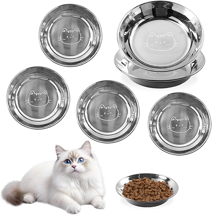 6 Pack Stainless Steel Cat Bowls, Shallow Wide Flat Cats Food Bowls, Whisker Friendly Shallow Cat Dishes, 6.4 Inches Anti Whisker Fatigue Cats Bowl Set for Food and Water