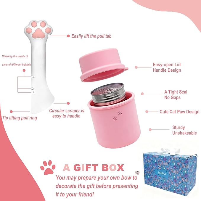 DORUI Original Canned Dog Food Storage Container & One Can Spoon | Silicone Can Cover Pet Food Sealer & Cute Paw Shape Opener Spatula | BPA Free, Airtight, Dishwasher & Freezer Safe (Blue+Pink)