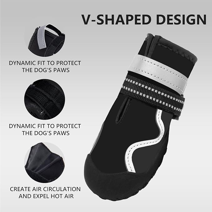 Dog Shoes Small Medium Large Size Dogs, Puppy Booties Paw Protector for Hot Pavement, Non-Slip Waterproof Rubber Reflective Strapped Boots (Black, Size 4#: (2.6 * 2.2) (L*W) for 31-40lbs)