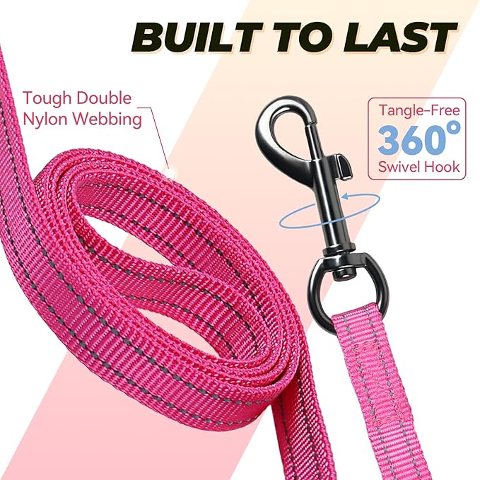 VIVAGLORY Twingrip Dog Leash, Double Handle Dog Leash for Training & Walking with Traffic Handle & 2 Loop, Traffic Control Reflective Heavy Duty for Puppy Pet, 4ft x 1/2in, Pink