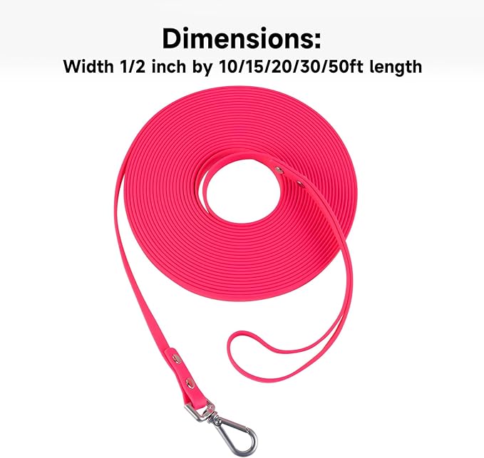 Dog Training Long Leash Waterproof Long Line Heavy Duty Outdoor Recall Lead 10ft 15ft 20ft 30ft 50ft for Small Medium Large Dog (Rose Pink, 50FT)