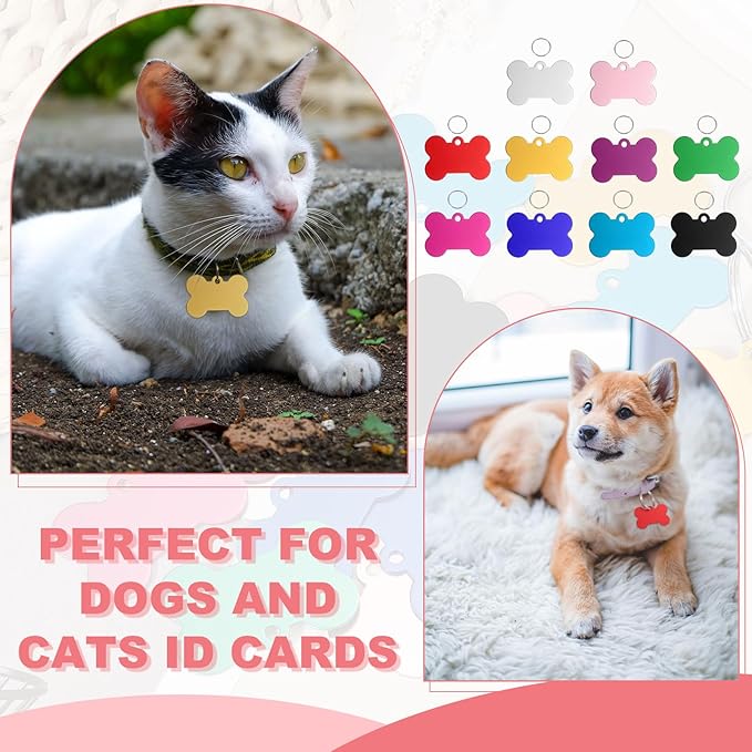 Pet ID Tags, Personalized Dog Cat Tag Stainless Steel Aluminum Bone Shape Engraved Blank with Key Ring 38x25mm, (Multicolor, 10 Pcs), Intended for Dog/Cat/Name/Pendant Crafts