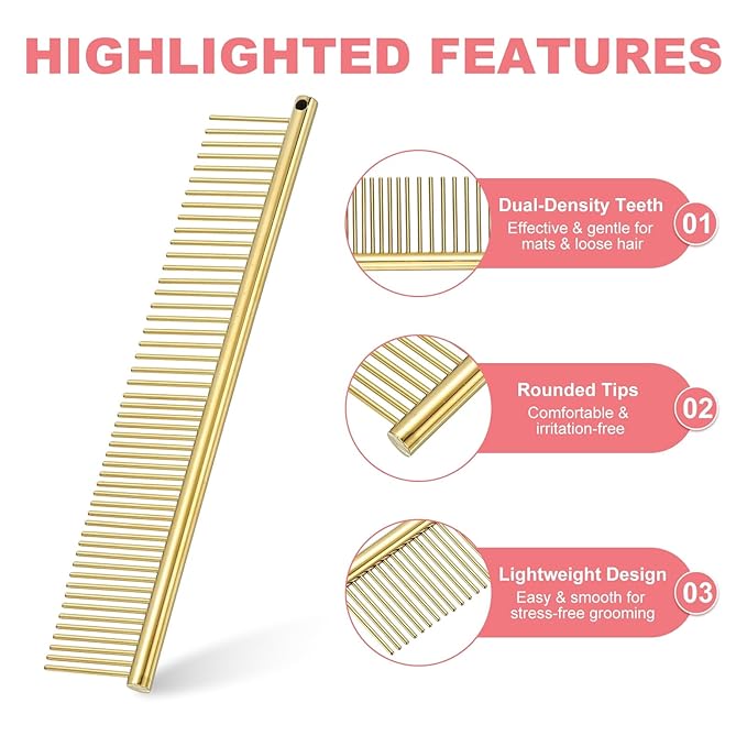 Dog Cat Comb, Pet Combs Stainless Steel Teeth with Rounded Ends for Knots Mats Loose Hair Removal, 6.5IN (Gold Plated, 3 Pack), Grooming Tool Intended for Long Curly Hair Pet