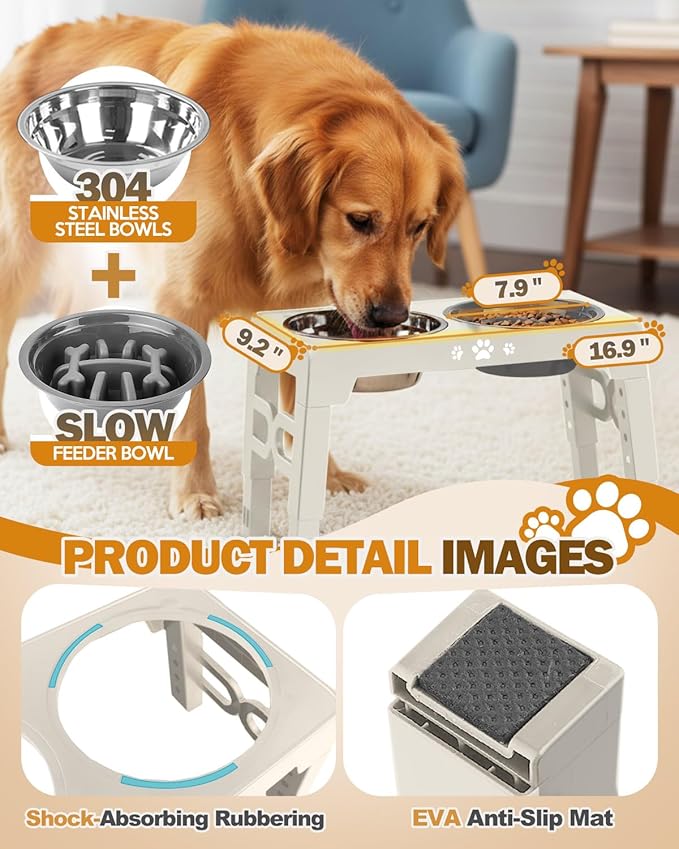 Elevated Dog Bowls, Dog Feeder with Stainless Steel Dishes & Slow Feeder Bowl, 5 Heights Adjustable Raised Stand for Medium Large, Food Dishes with Non-Slip Feet