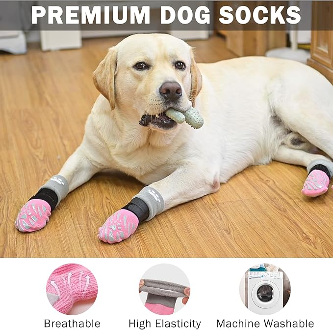 SCENEREAL Dog Socks to Prevent Licking Paws for Hot/Cold Pavement, Dog Boots & Paw Protectors for Small Medium Large Dogs, Senior Dog Grippy Socks Booties for Hardwood Floors Winter Outdoor, Pink L