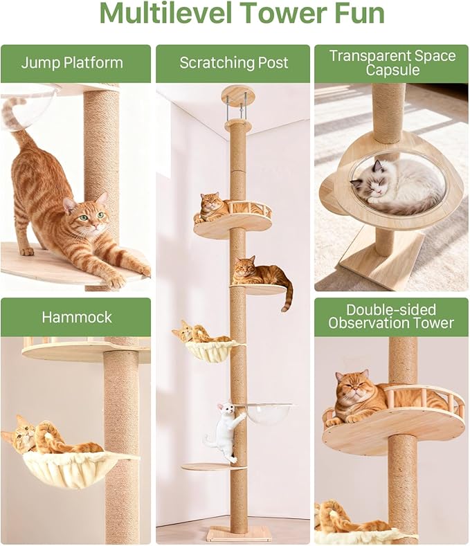 Floor to Ceiling Cat Tree, Adjustable Height (50-120in), 5 Level Tall Cat Tree Tower, Cats Activity Center with Scratching Post, Jump Platform, Hammock & Capsule, Space-Saving Design for Indoor Cats
