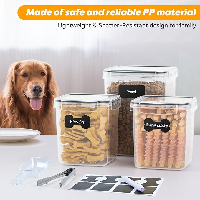 qeerable Dog Treat Storage Container Airtight for Countertop, Dog Treat Jar with Lid for Food Storage Organizer, 3 Pack Pet Food Holder for Kitchen with Scoops, Gift for Pet Owners