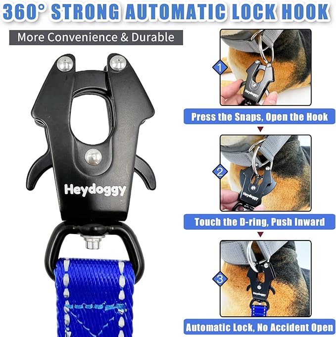 Strong Heavy Duty Dog Leash - 6ft Reflective Nylon Training Leash with Soft Padded Double Handle & Auto Lock Frog Clip, Safety Traffic Control for Large Medium Small Dog No Pull Walking (DarkBlue,6ft)
