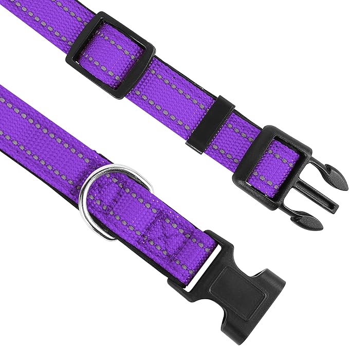 Reflective Dog Collar, Adjustable Soft Neoprene Padded Nylon Pet Collars with Buckle for Large Dogs,L, Purple